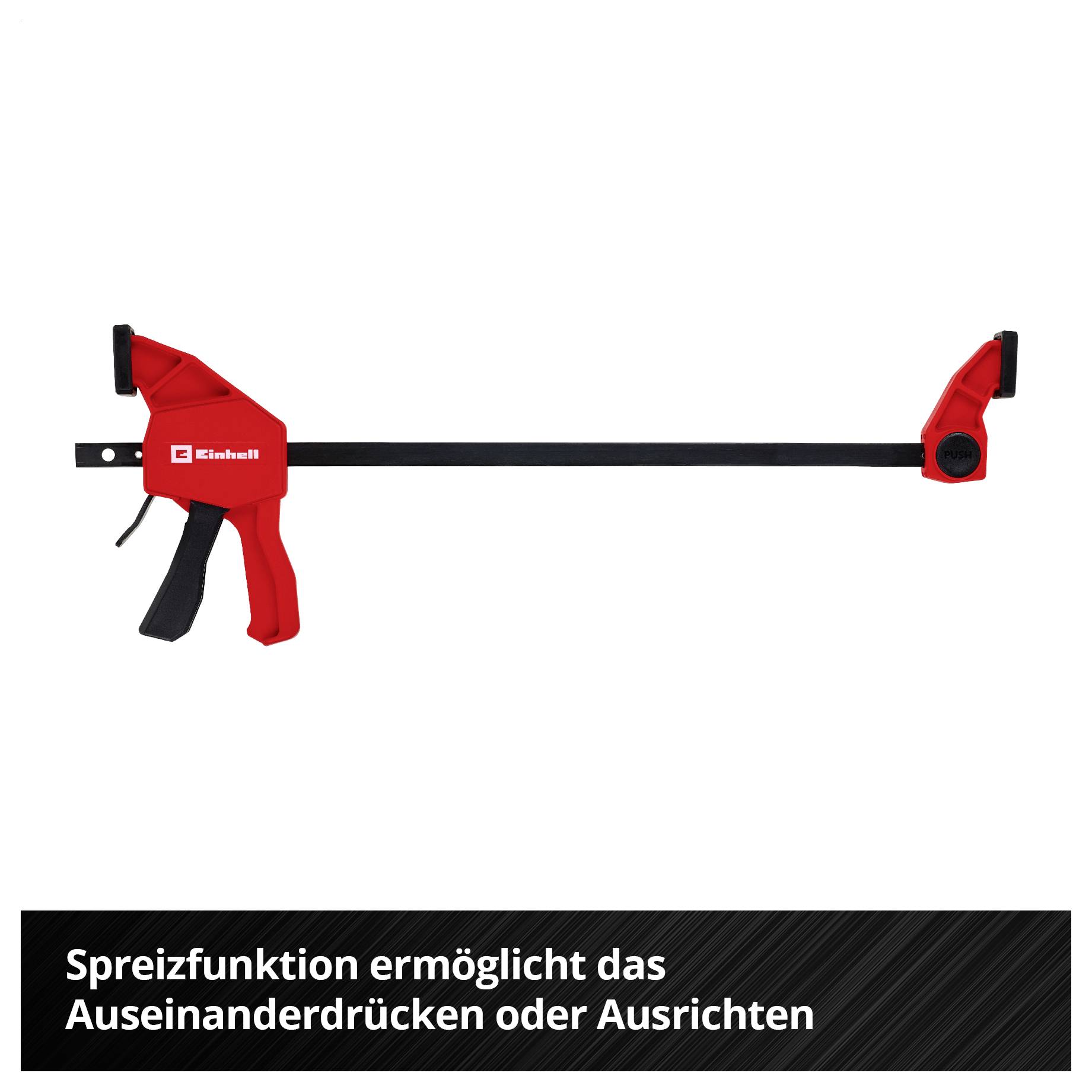 Rohrzwinge mit rotem Griff und schwarzer Schiene; Spreizfunktion ermöglicht das Auseinanderdrücken oder Ausrichten.