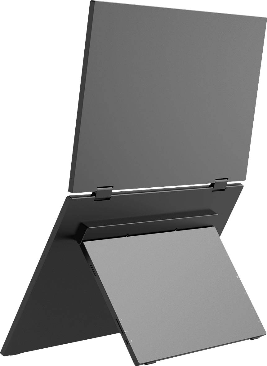Rückansicht eines schwarzen Laptops mit einem Ständer und ausgefahrenem Scharnier-Rückpanel auf weißem Hintergrund.
