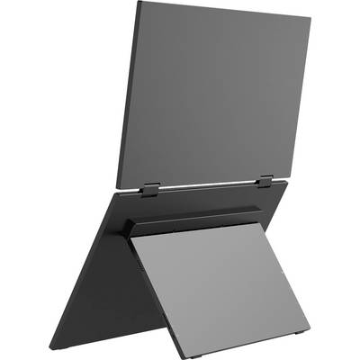 Rückansicht eines schwarzen Laptops mit einem Ständer und ausgefahrenem Scharnier-Rückpanel auf weißem Hintergrund.