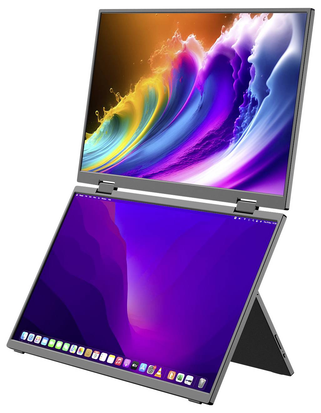 Ein Dual-Screen-Laptop im Zeltmodus, mit einer bunten abstrakten Anzeige auf dem oberen Bildschirm und einer violetten Desktop-Oberfläche mit Dock-Symbolen auf dem unteren Bildschirm.