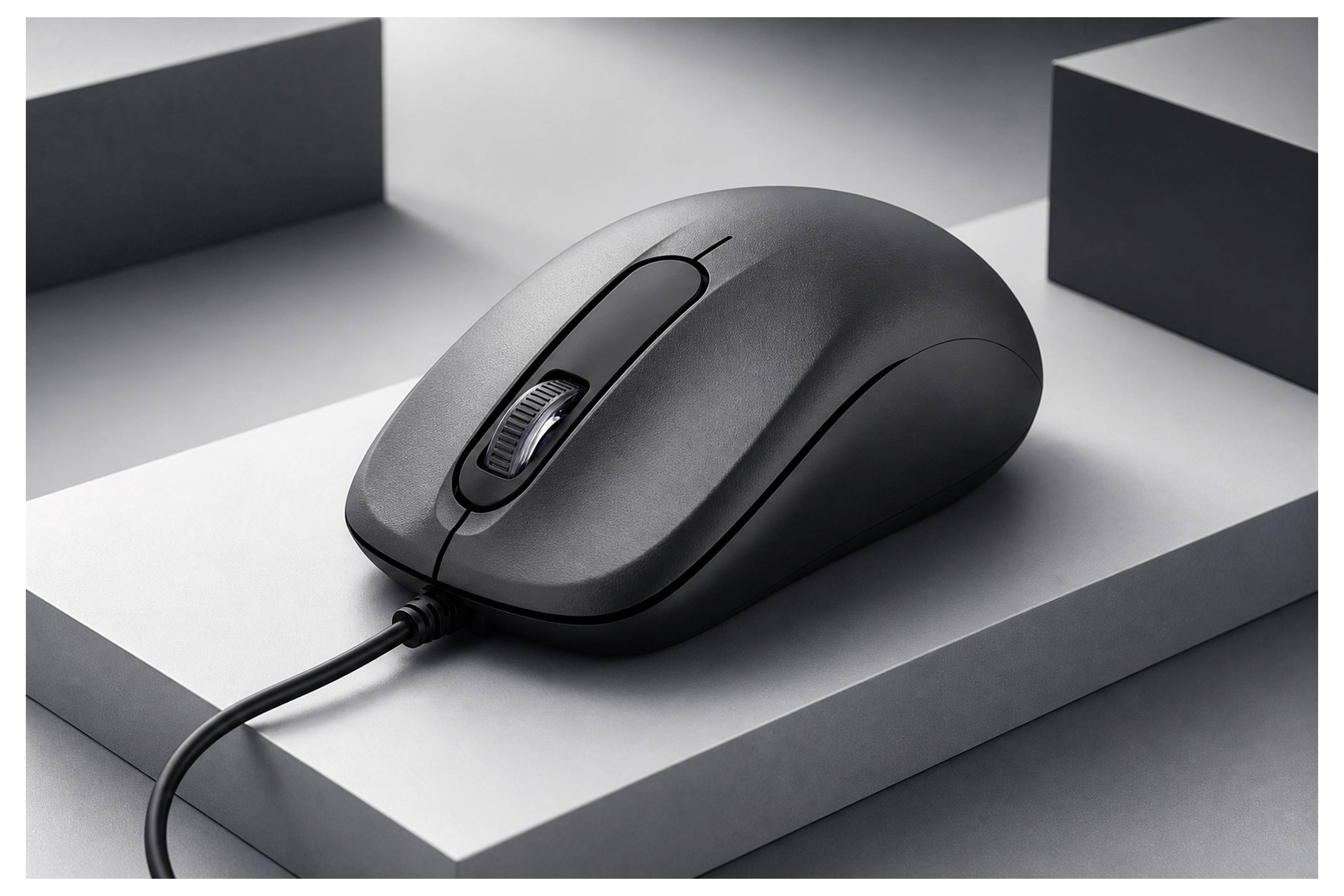 Schwarze kabelgebundene Computermaus auf einer grauen geometrischen Plattform, in Nahaufnahme auf einem sauberen Studio-Hintergrund gezeigt.