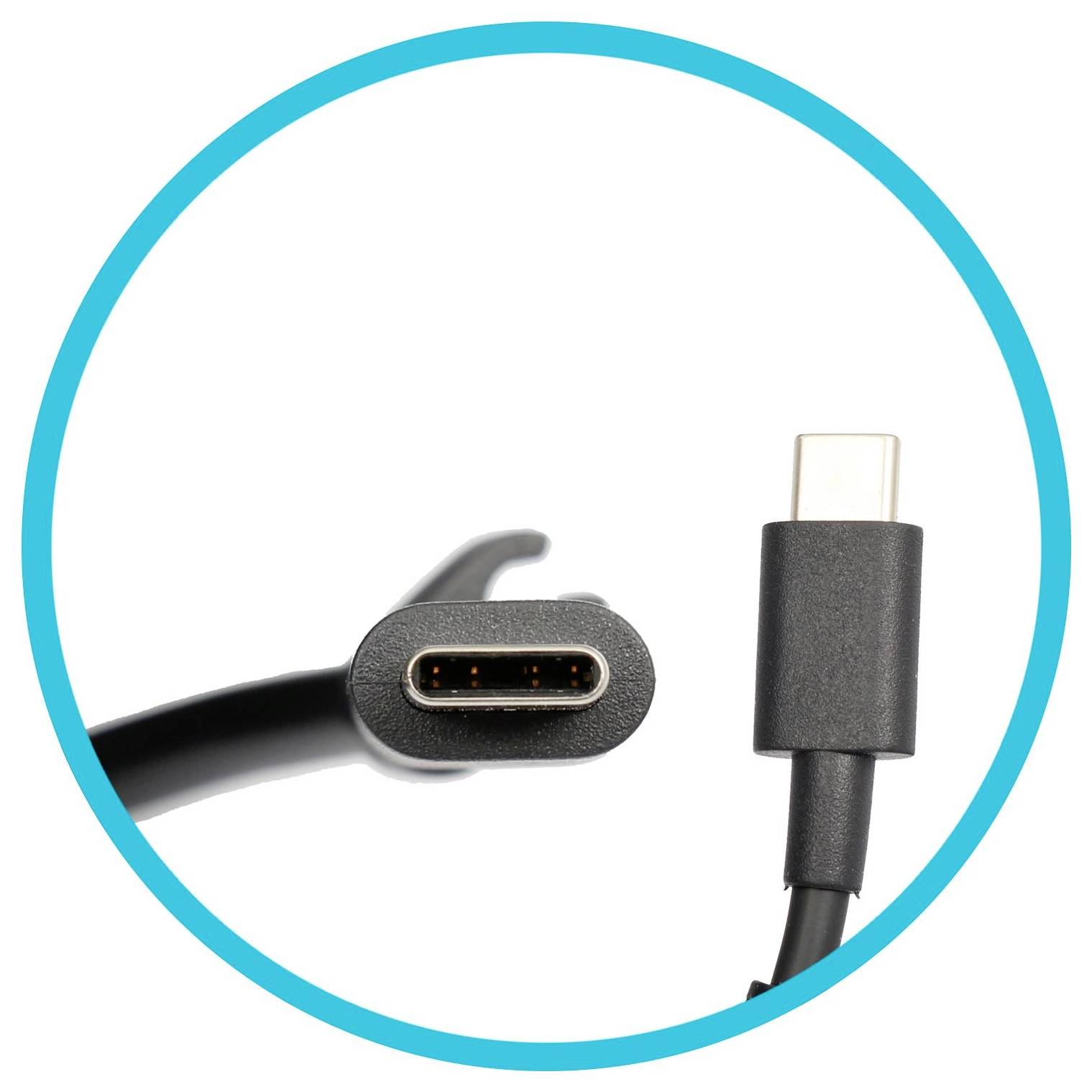 Nahaufnahme von USB-C-Kabelsteckern, die ein Kabelende und einen Stecker zeigen, die sich in einem blauen Kreis gegenüber stehen.