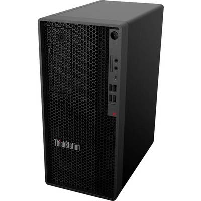 Schwarzer Lenovo ThinkStation Desktop-Tower mit Wabenfront-Gitter und vorderen USB- und Audio-Anschlüssen.