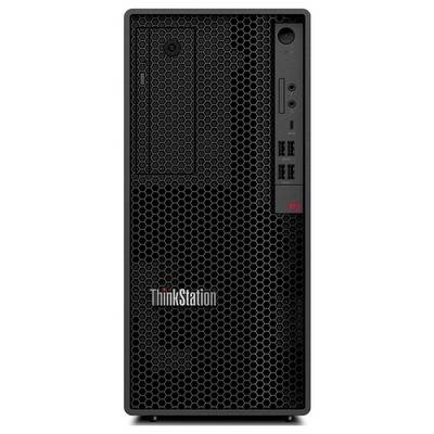 Frontansicht eines Lenovo ThinkStation Desktop-Towers mit schwarzem Wabengitter-Frontpanel, Stromschalter, USB-Anschlüssen und „ThinkStation"-Branding.