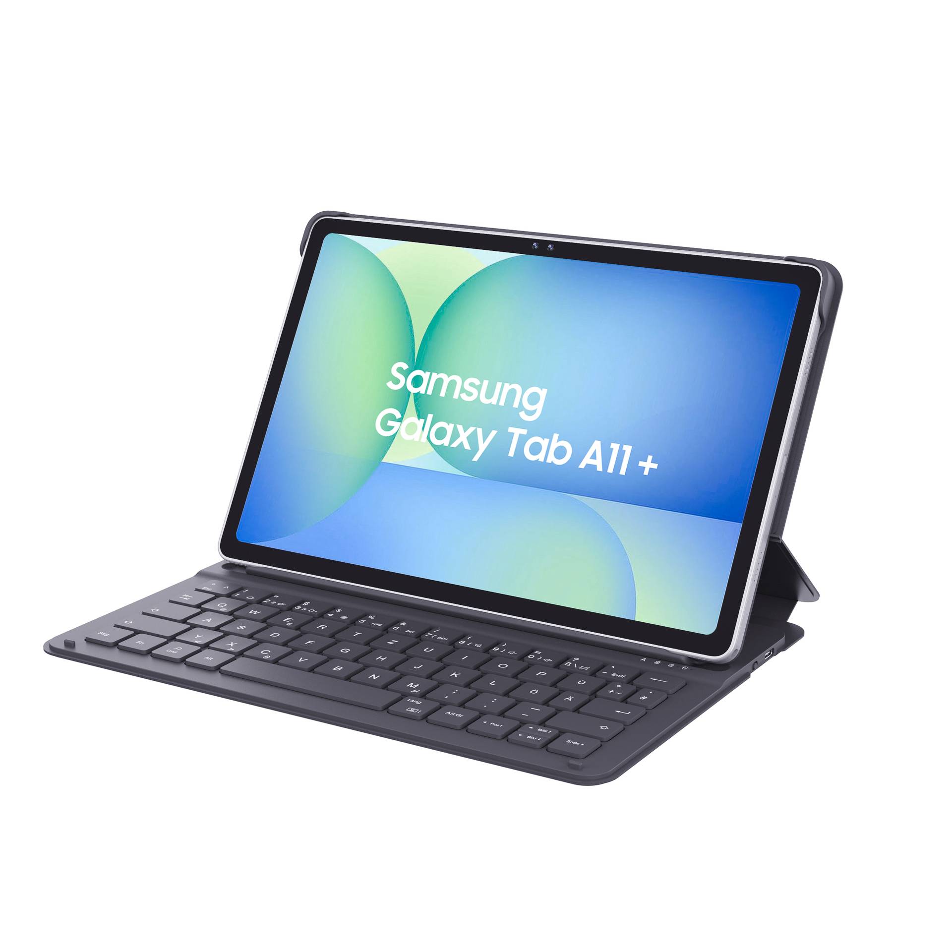 Samsung Galaxy Tab A11+ Tablet mit Tastaturetui und Ständer, aufgeklappt auf weißem Hintergrund.