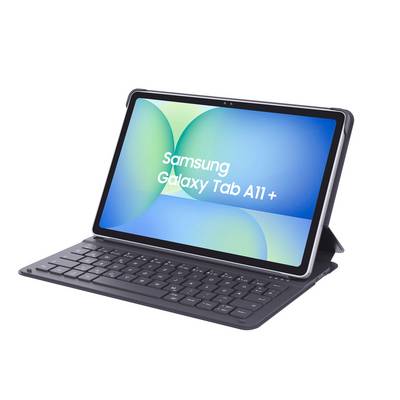 Samsung Galaxy Tab A11+ Tablet mit Tastaturetui und Ständer, aufgeklappt auf weißem Hintergrund.