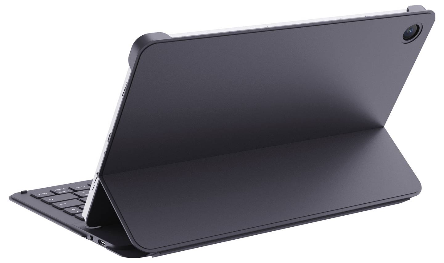 Dunkelgraues Tablet in einer klappbaren Tastaturhülle, in einer hinteren Dreiviertelsansicht dargestellt, mit der sichtbaren Kamera oben rechts.