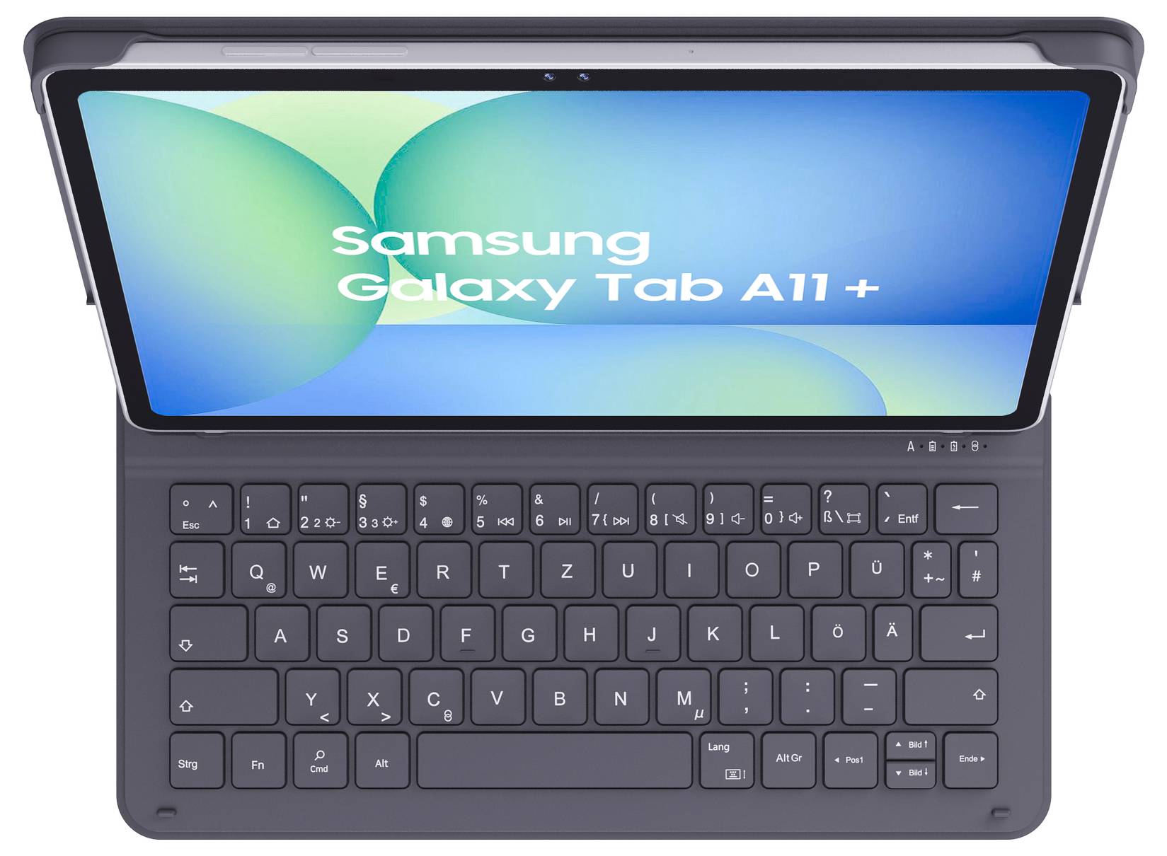 Samsung Galaxy Tab A11+ Tablet in einer Tastaturhülle dargestellt, wobei auf dem Bildschirm der Produktname angezeigt wird.