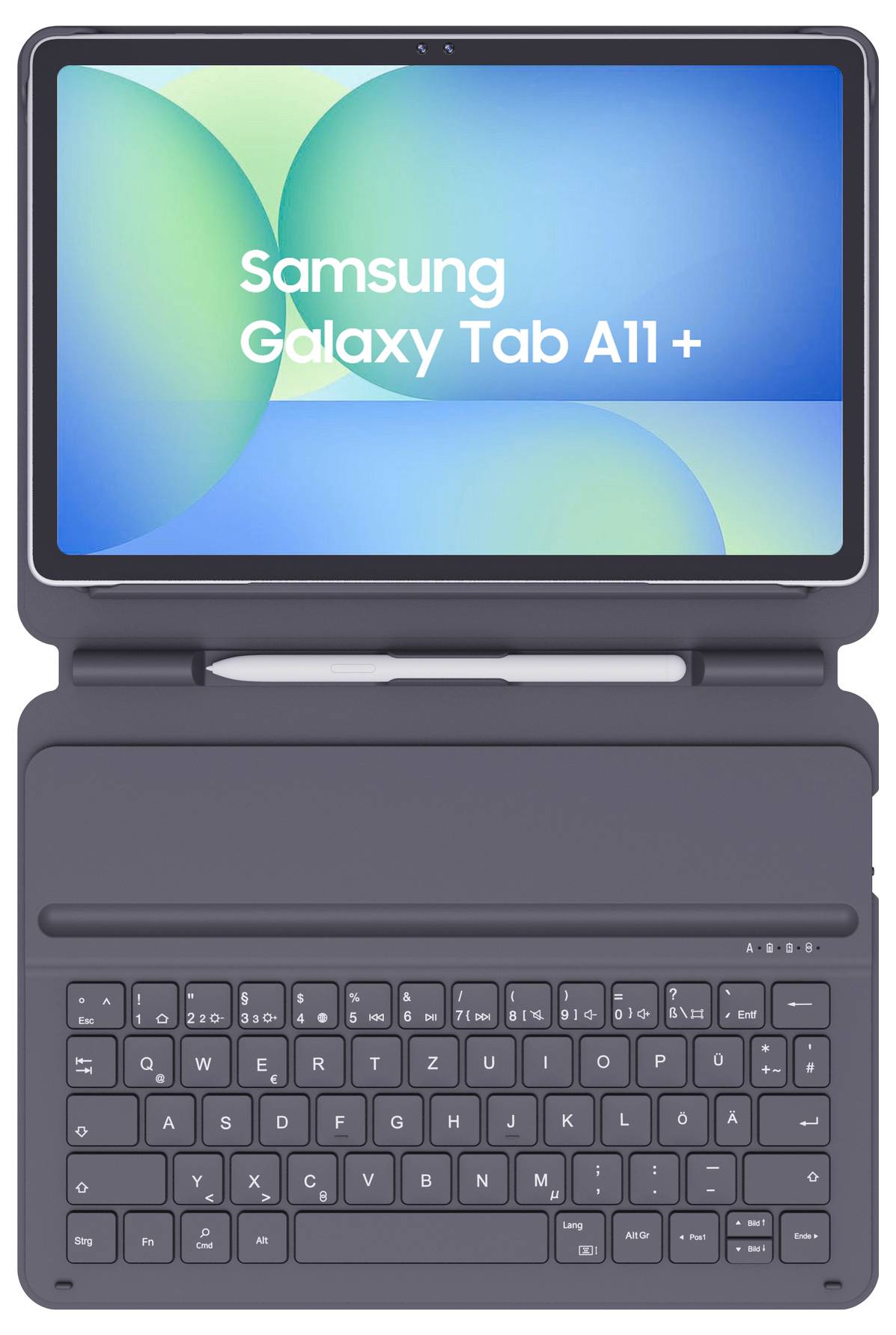 Samsung Galaxy Tab A11+ Tablet mit angebrachter Tastaturhülle und Stift, Vorderansicht auf weißem Hintergrund.