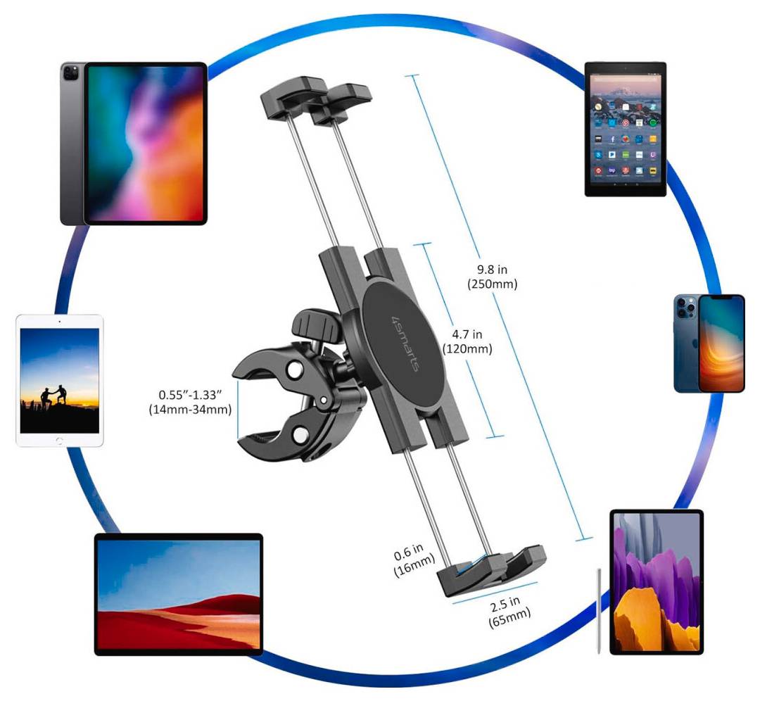 Illustration eines Fahrradlenker-Smartphone-/Tablet-Halters mit verstellbaren Klemmengrößen und Abmessungen, shown holding multiple devices.