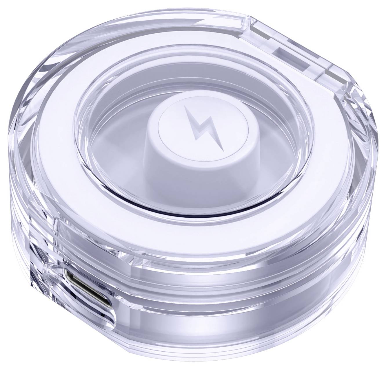 Transparente runde kabellose Ladesäule mit einem Blitzsymbol oben, dargestellt in einer sauberen produktgestylten Ansicht.
