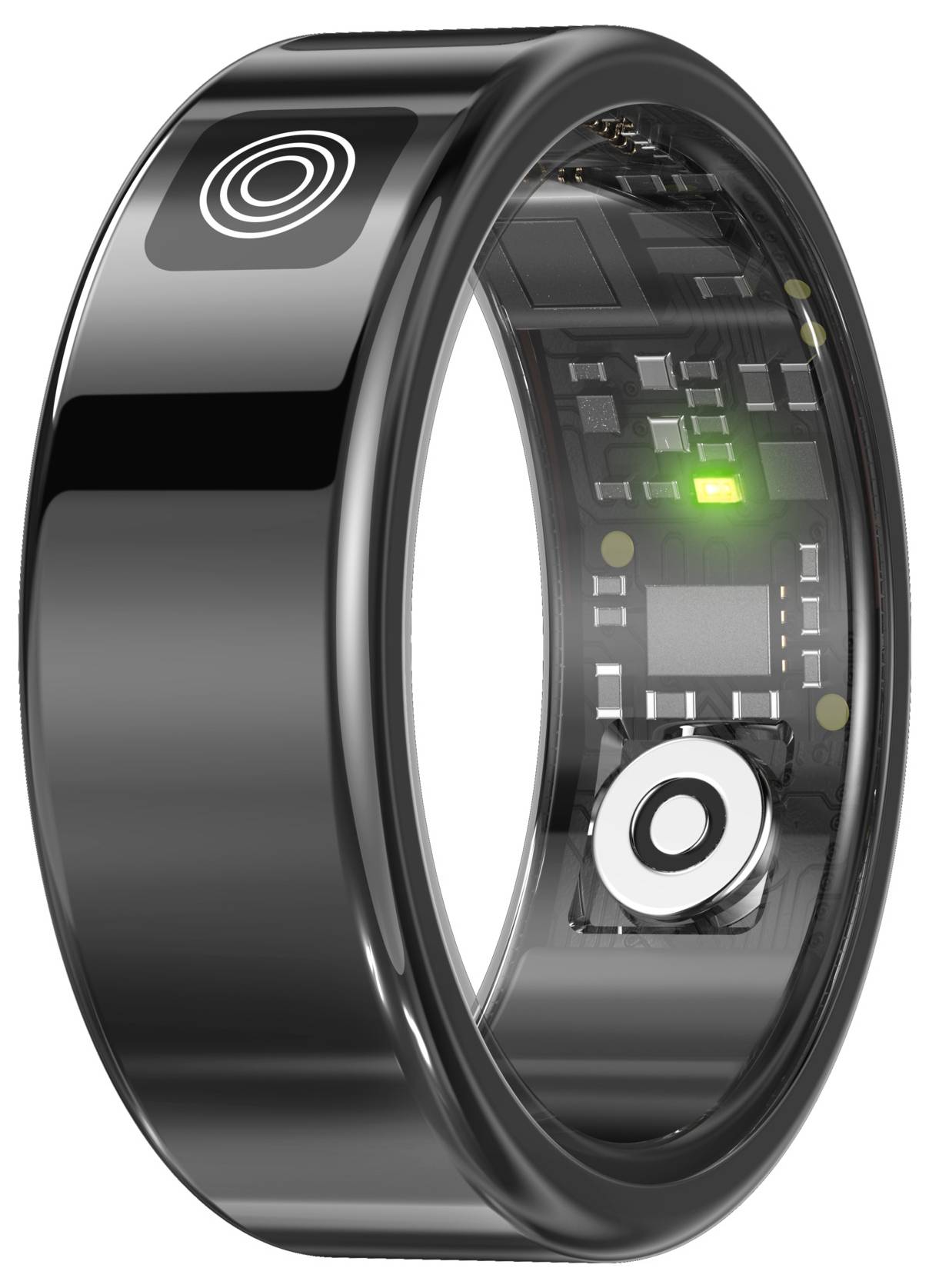 Schwarzer Smart-Ring mit leuchtender interner Elektronik und kreisförmigem Logo, dargestellt in einer produktstilisierten Ansicht auf weißem Hintergrund.