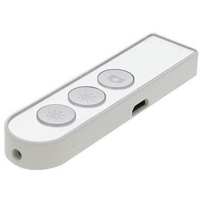 Weiße tragbare Fernbedienung mit drei runden Tasten für Kamera- und Lichtfunktionen, dargestellt auf weißem Hintergrund.
