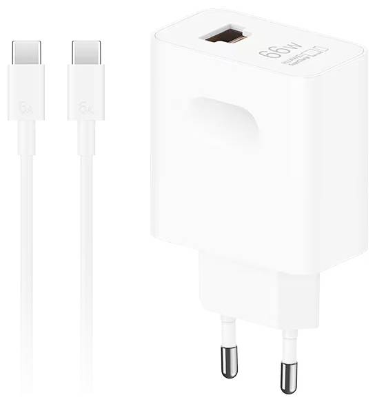 Weißes 66-W-USB-C-Wandladegerät mit zweipoliger Steckerfassung und passendem USB-C-Kabel auf weißem Hintergrund.