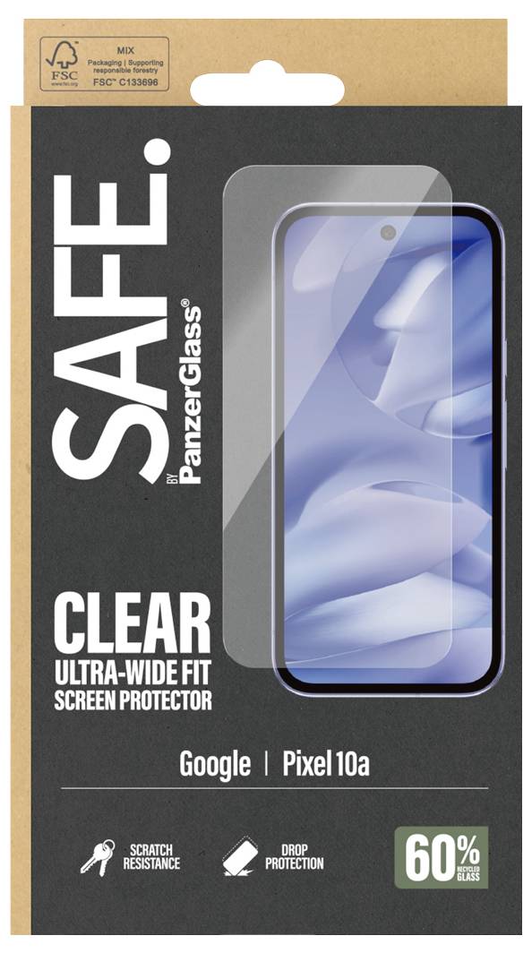 SAFI PanzerGlass klarer Ultra-Wide-Fit-Displayschutz für Google Pixel 10a, mit Kratzer- und Sturzschutz und Anspruch auf 60% recyceltes Material.