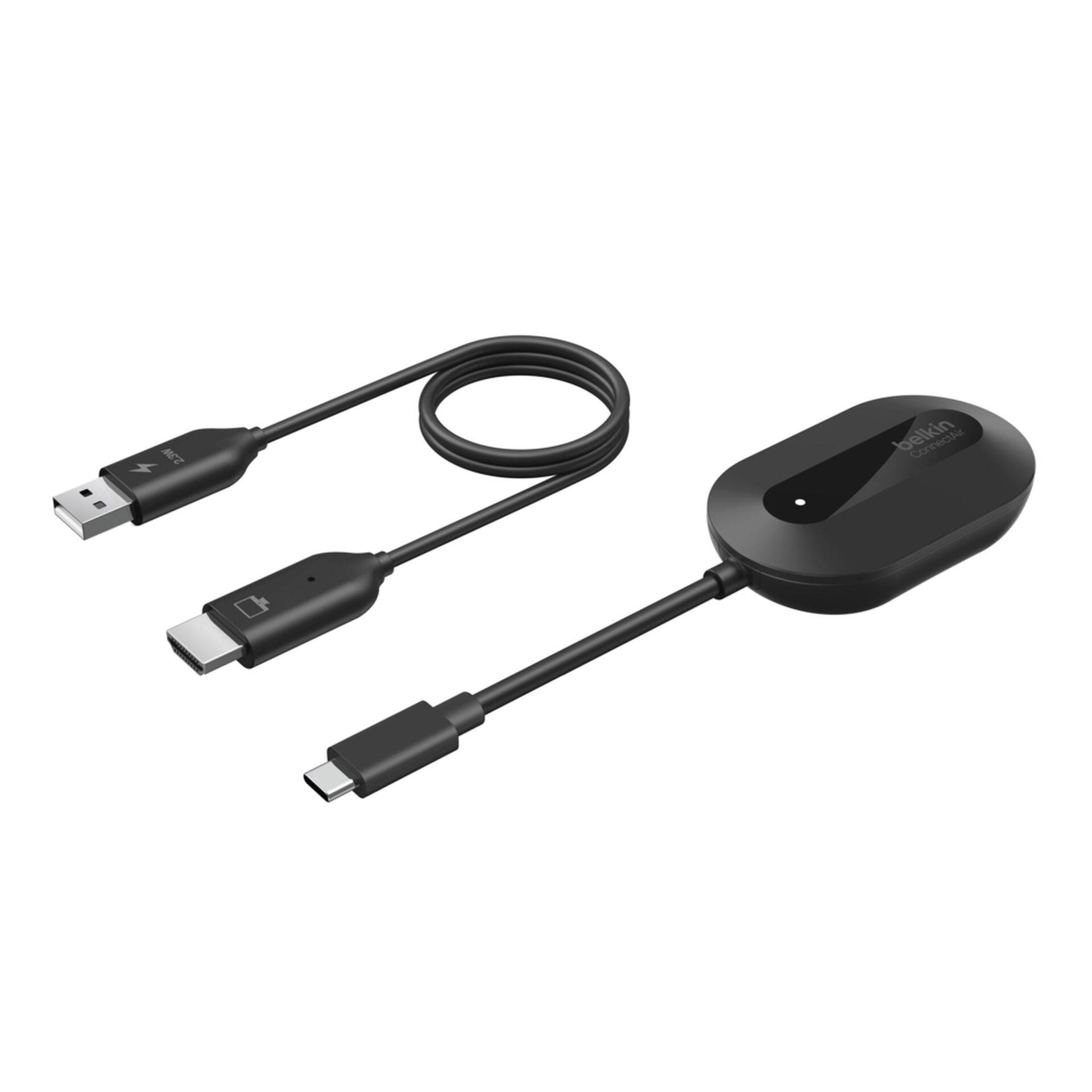 Schwarzer kabelloses Anzeigeadapter mit USB-A- und USB-C-Anschlüssen, mit angekoppeltem Kabel auf weißem Hintergrund dargestellt.