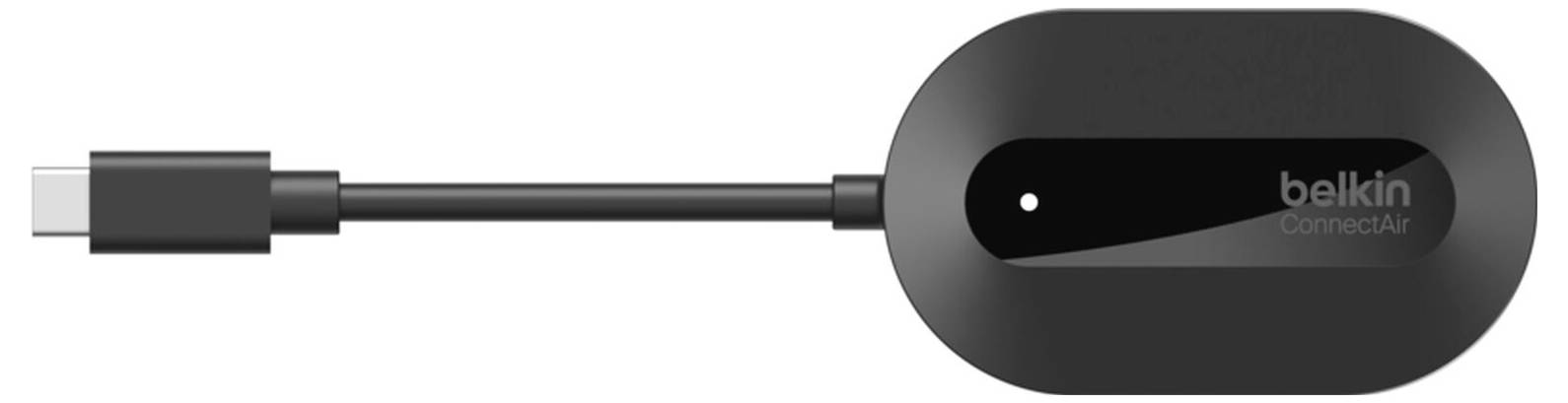 Belkin Connect Air kabelloses HDMI-Adapter-Dongle mit angekabeltem Kabel, dargestellt auf weißem Hintergrund.