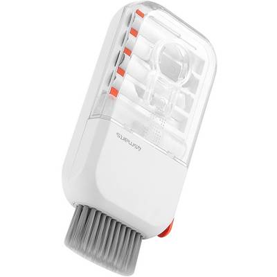 Eine weiße tragbare elektrische Reinigungsbürste mit transparentem Deckel, grauem Bürstenkopf und orangefarbenen Akzenten, gezeigt auf einem einfachen Hintergrund.
