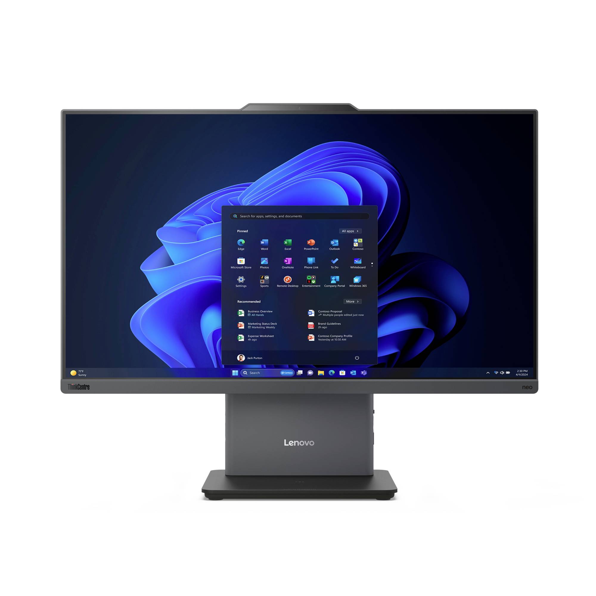 Lenovo-Desktop-Monitor zeigt das Windows 11-Startmenü auf einer blauen abstrakten Tapete an.