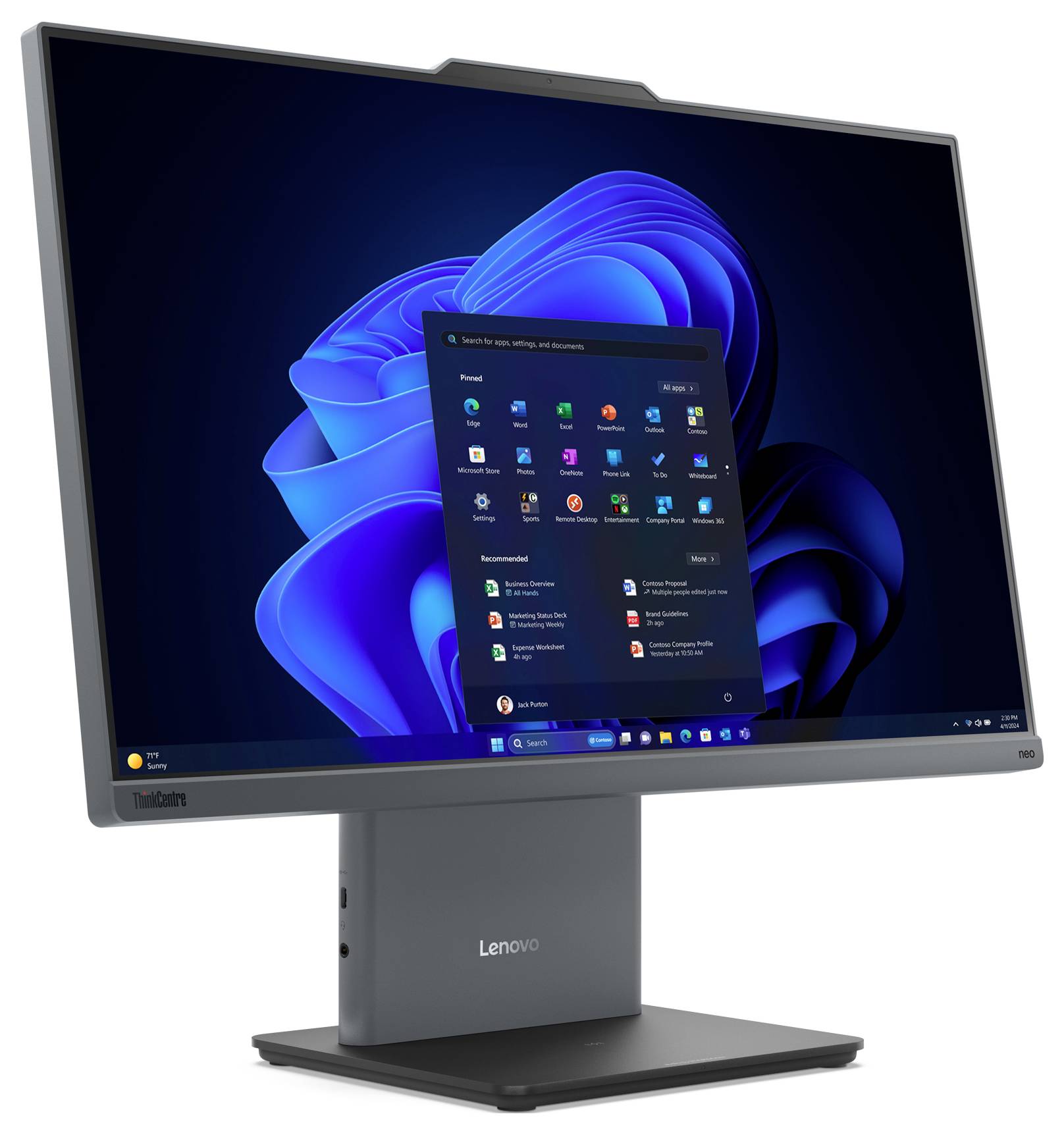 Lenovo ThinkCentre Touchscreen All-in-One Desktop mit Windows 11 Startmenü auf einem blauen abstrakten Hintergrund.