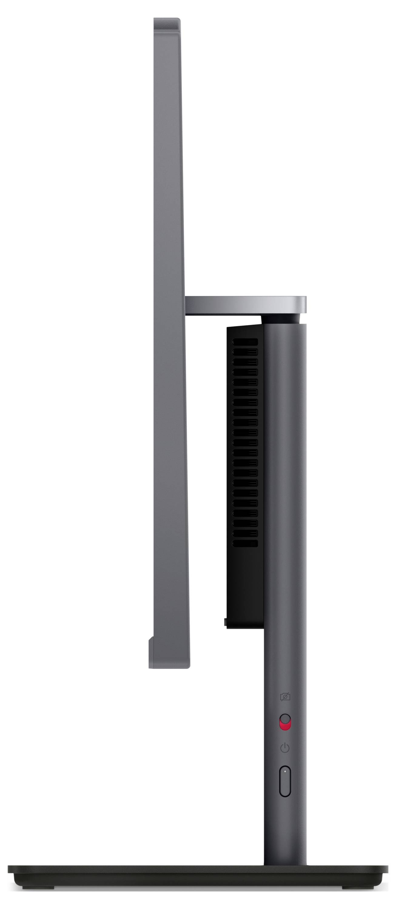 Seitenansicht eines schlanken schwarzen Desktopcomputers oder Monitors auf einem Ständer, zeigend die hinteren Lüftungsöffnungen, den Netzschalter und die Basis.