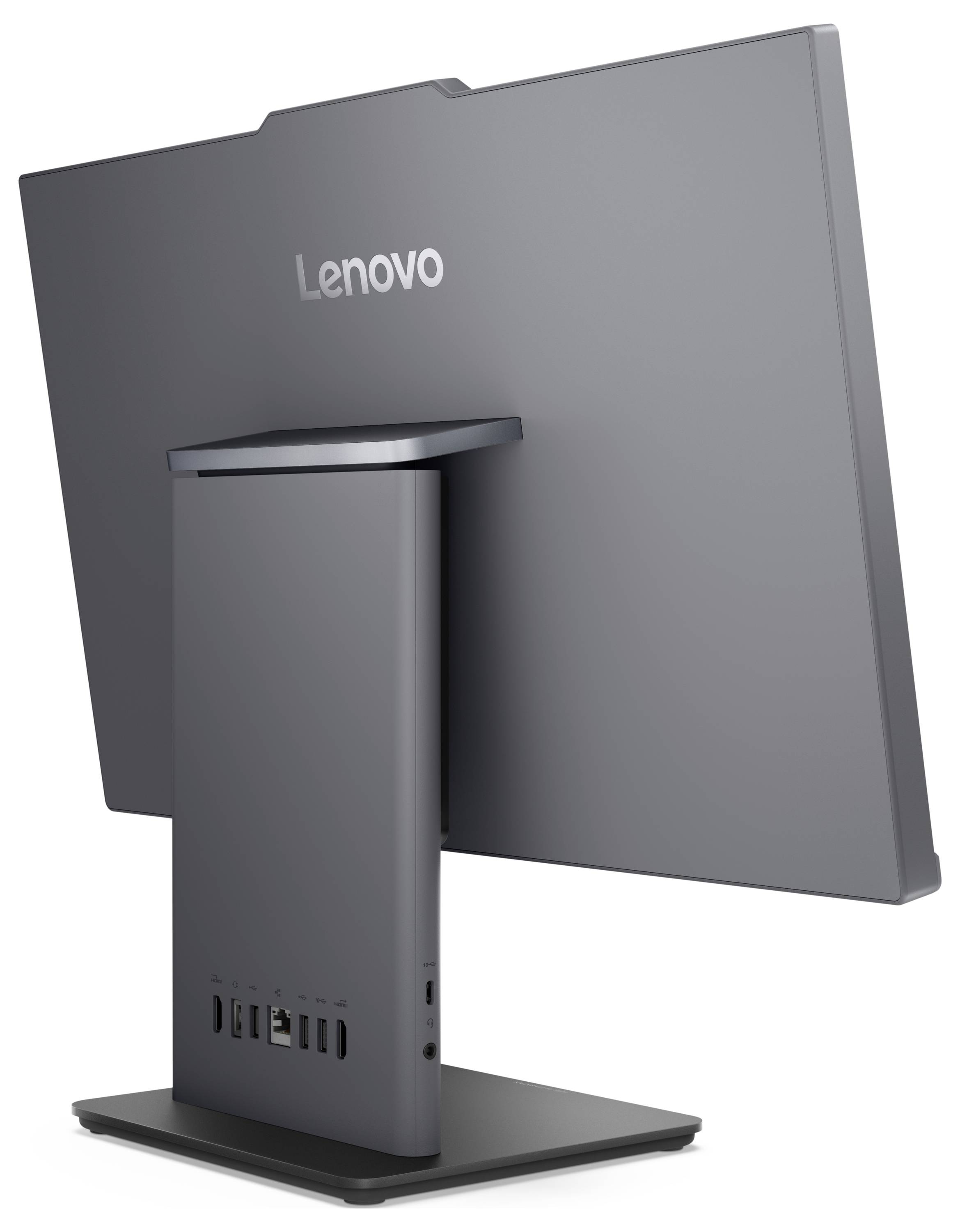 Rückansicht eines Lenovo All-in-One-Desktopcomputers auf einem Ständer, mit Darstellung der Rückseite und der Anschlüsse.