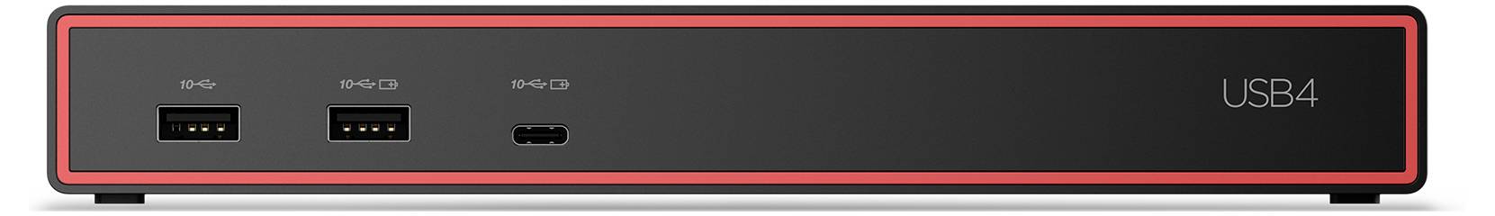 Nahaufnahme einer schwarzen USB4-Gerätefront mit zwei rechteckigen Anschlüssen und einem kleinen zentrierten Anschluss, umrahmt von einer roten Kontur.