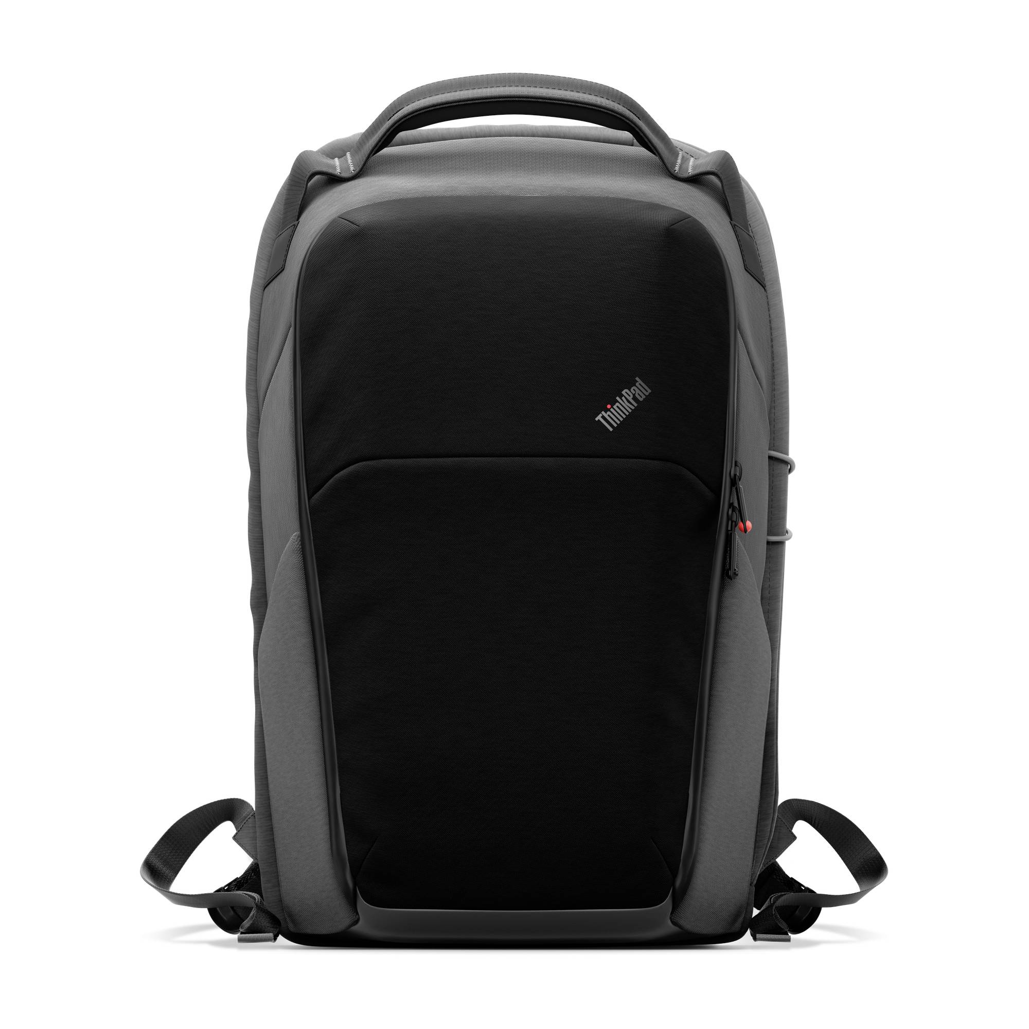 Schwarzer und grauer Lenovo-Rucksack mit gepolstertem Griff oben und Schultergurten, Vorderansicht auf weißem Hintergrund dargestellt.