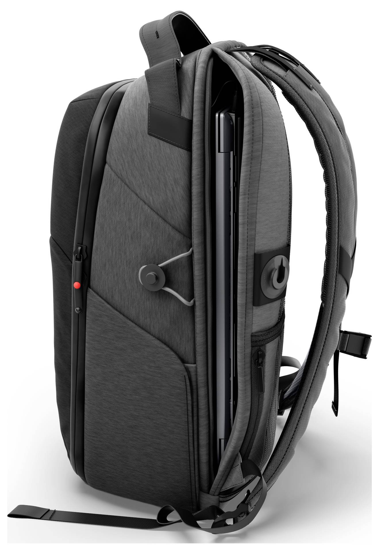 Graue Lenovo-Desktop-Dockingstation von hinten gezeigt, zentriert vor einem größeren Lenovo-Panel.