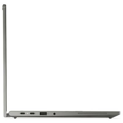 Seitenansicht eines geschlossenen grauen Laptops mit schlankem Profil, Scharnier, seitlichen Anschlüssen und langer batterieähnlicher Basis auf weißem Hintergrund.