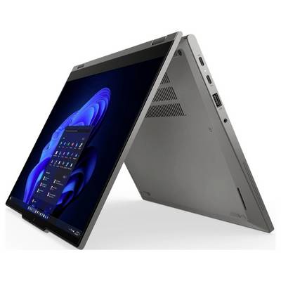 Ein grauer 2-in-1-Laptop, der im Zeltmodus offen angezeigt wird, mit einem Windows-Desktop auf dem Bildschirm.