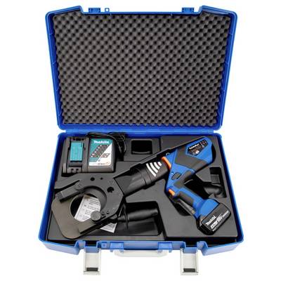 Offenes blaues Transportetui mit Schaumstoffeinsatz, darin ein Makita kabelloses hydraulisches Schneidewerkzeug, Ladegerät, zwei Batterien und Zubehör.