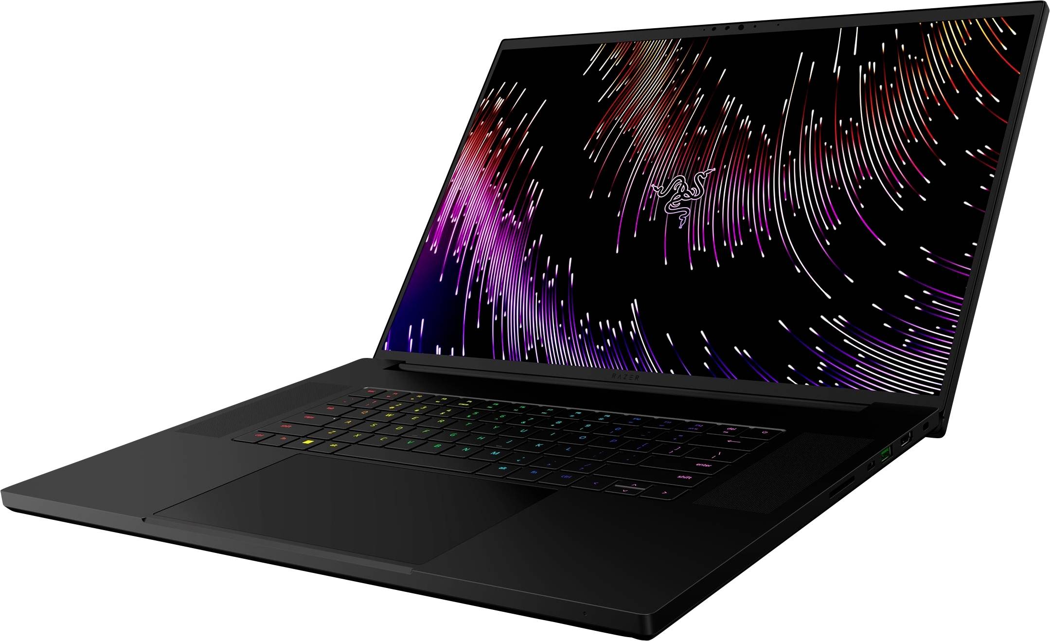 Schwarzer Laptop in einem Winkel geöffnet, zeigt ein buntes abstraktes Streifenmuster auf dem Bildschirm und eine RGB-beleuchtete Tastatur.