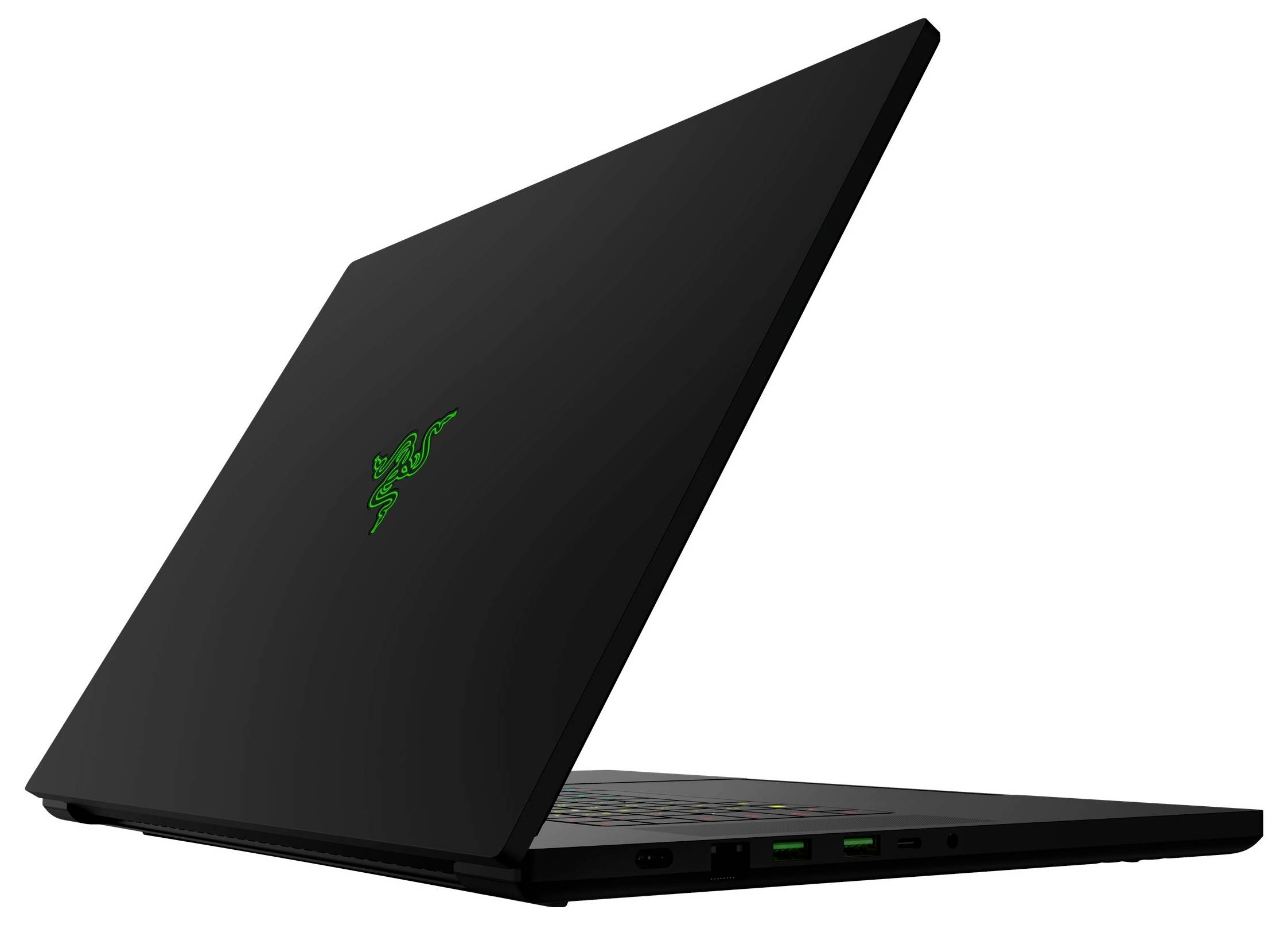 Geschlossenes schwarzes Razer-Laptop mit grünem Schlangenlogo, in einem Winkel geöffnet auf weißem Hintergrund gezeigt.