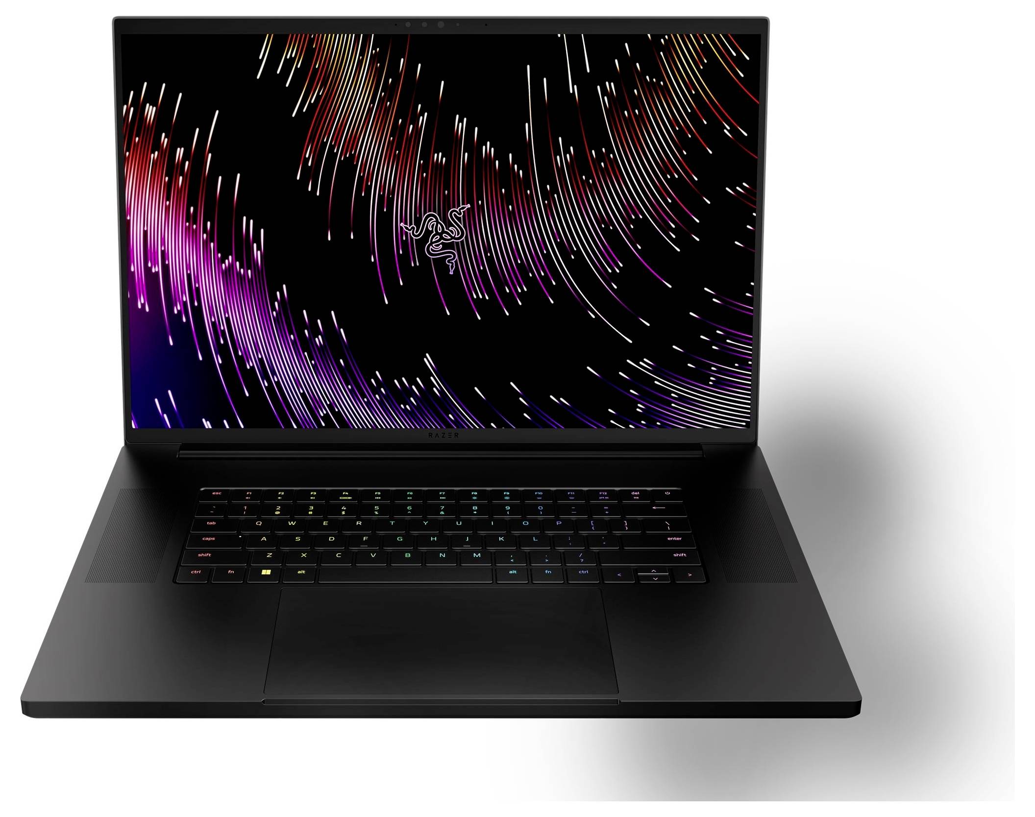 Schwarzes Razer-Laptop mit beleuchtetem Keyboard, aufgeklappt auf weißem Hintergrund, zeigt einen farbenfrohen abstrakten Lichtstrahlen-Bildschirm.