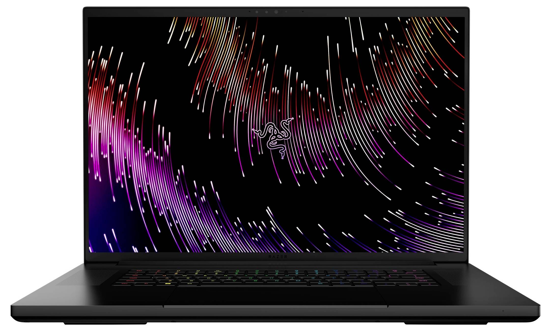 Schwarzer Laptop, der einen farbenfrohen abstrakten Bildschirm mit magentafarbenen, roten und violetten Lichtstreifen auf dunklem Hintergrund anzeigt.