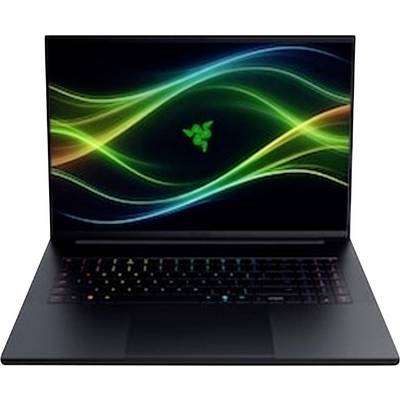 Offener Laptop-Computer mit Razer-Logo auf dem Bildschirm und grünen, blauen und gelben Wellengrafiken