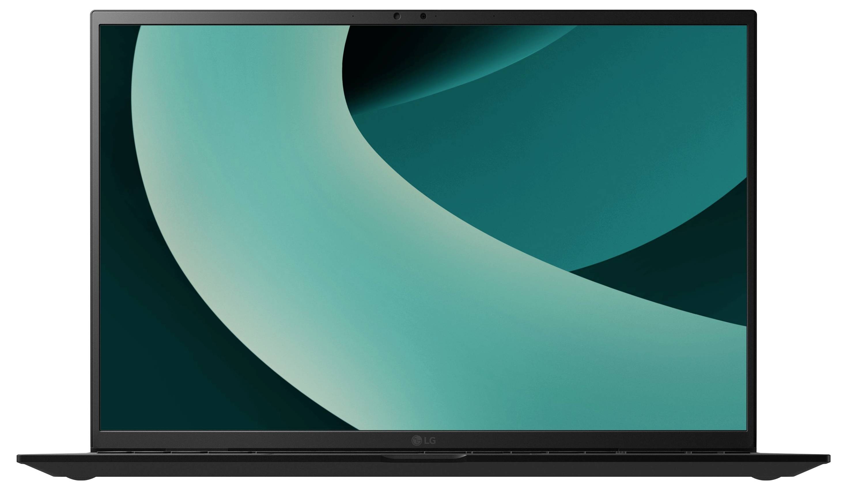 Vorderansicht eines dünnen schwarzen Laptops mit eingeschaltetem Bildschirm, auf dem ein abstraktes Hintergrund bild in Blaugrün und Dunkelgrün angezeigt wird.