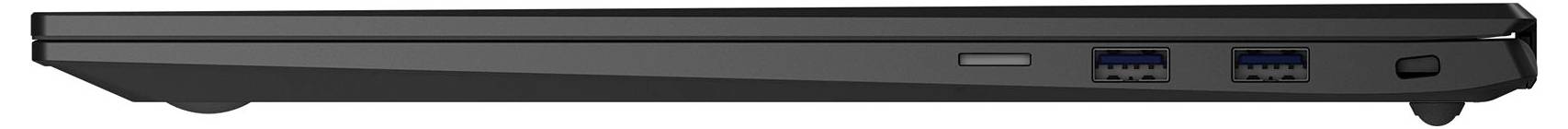 Seitenansicht eines geschlossenen schwarzen Laptops mit Blick auf die vordere Kante und sichtbaren Anschlüssen an der rechten Seite.