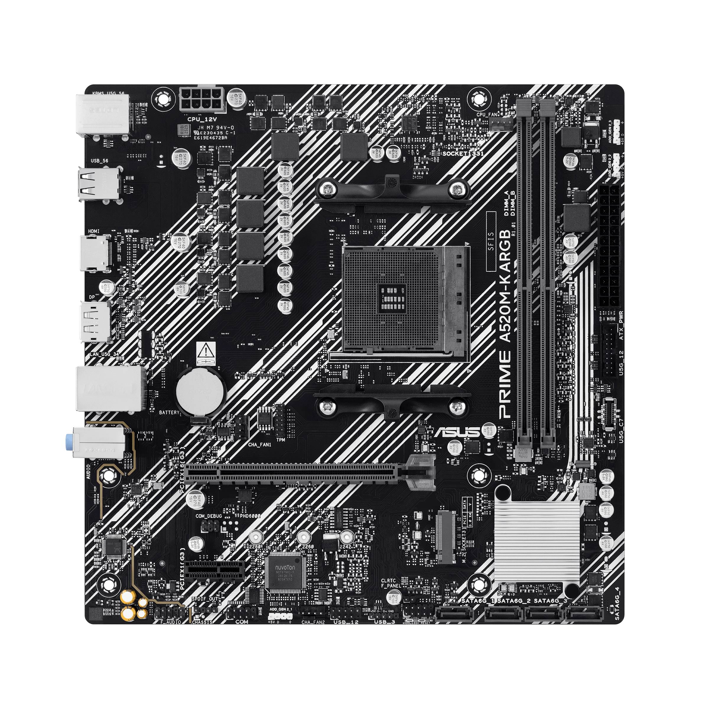 ASUS PRIME A520M-K/ARGB Motherboard, zeigt CPU-Sockel, RAM-Steckplätze, PCIe-Steckplätze, Speicheranschlüsse und rückseitige I/O-Anschlüsse.