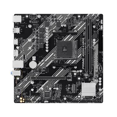 ASUS PRIME A520M-K/ARGB Motherboard, zeigt CPU-Sockel, RAM-Steckplätze, PCIe-Steckplätze, Speicheranschlüsse und rückseitige I/O-Anschlüsse.