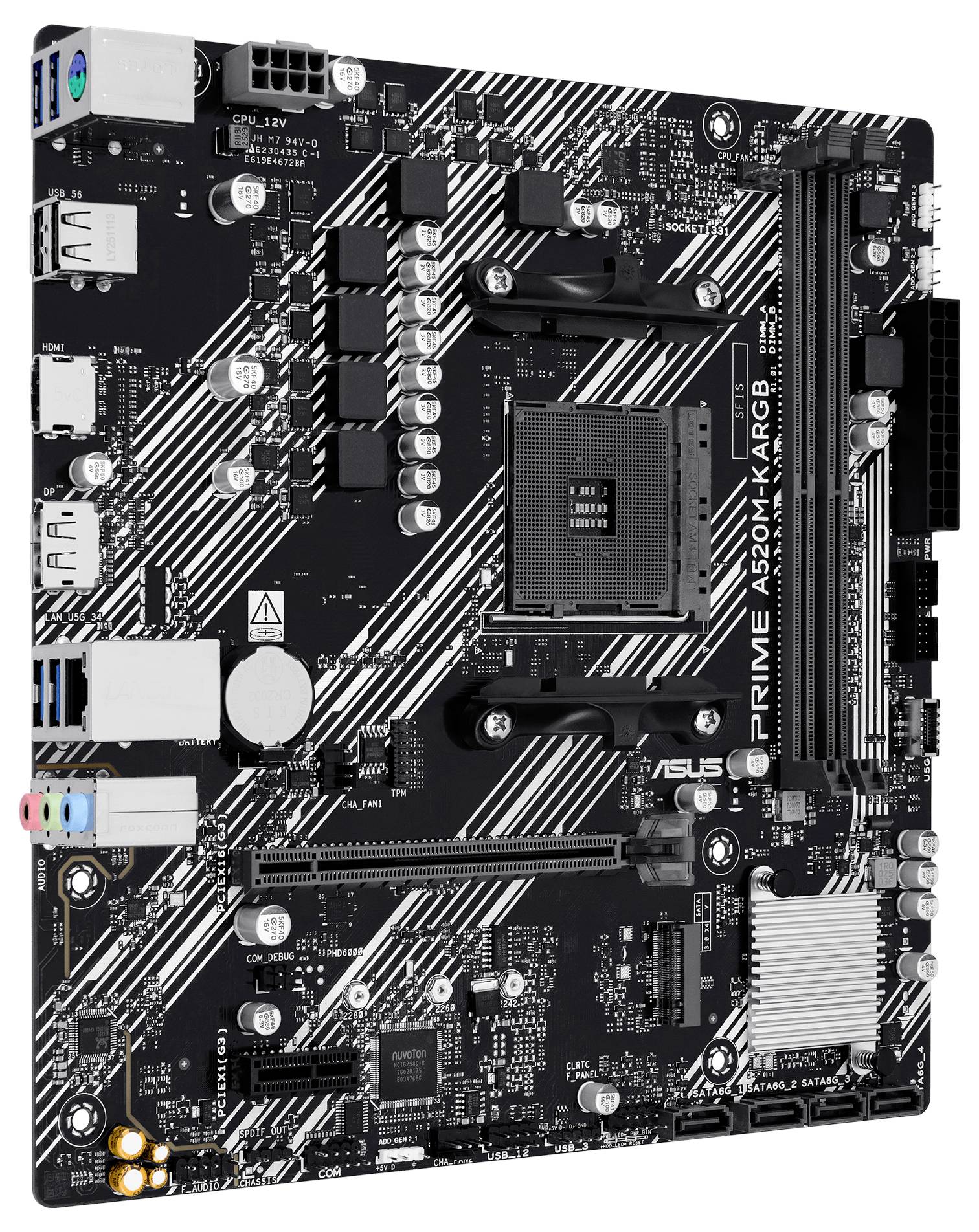 ASUS PRIME A520M-K/ARGB Computer-Motherboard auf weißem Hintergrund dargestellt, mit sichtbarem CPU-Sockel, RAM-Steckplätzen, Erweiterungssteckplätzen, Anschlüssen und Kühlkörpern.