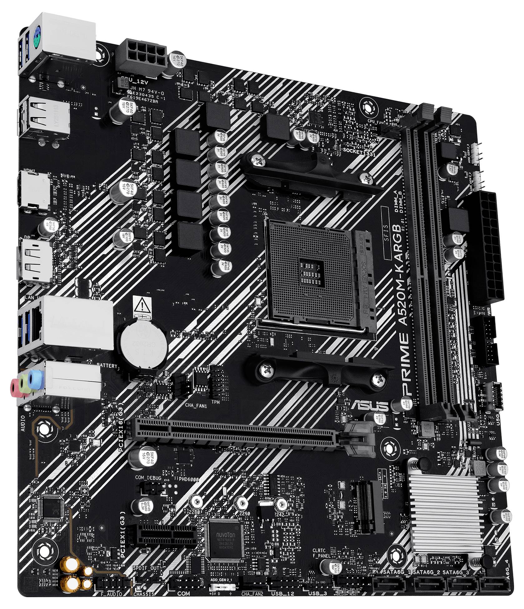 ASUS PRIME A520M-K/ARGB-Hauptplatine mit CPU-Sockel, RAM-Steckplätzen, Erweiterungssteckplätzen, Kühlkörpern und rückwärtigen E/A-Anschlüssen auf weißem Hintergrund dargestellt