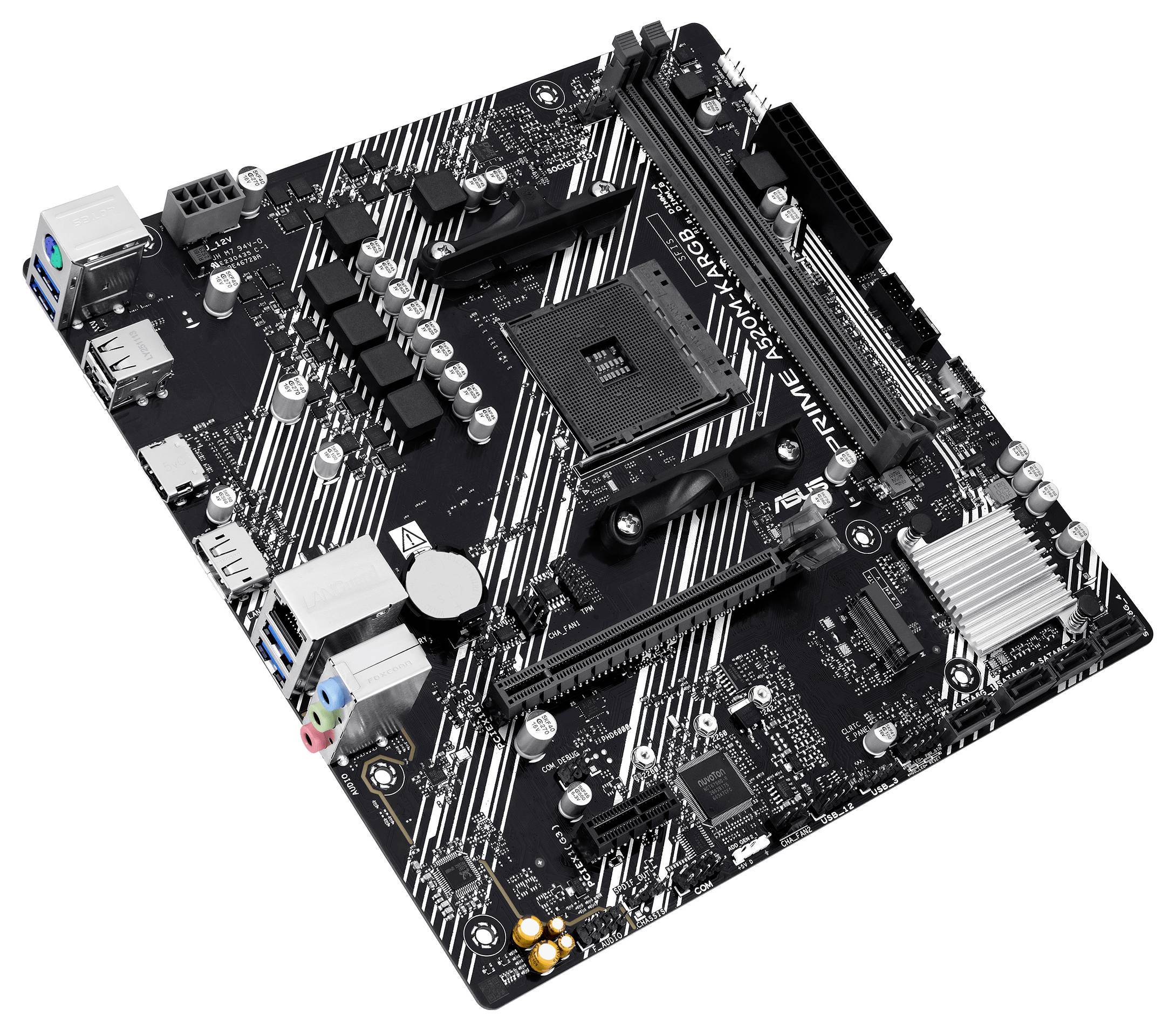 Schwarzes ATX-Motherboard mit CPU-Sockel, RAM-Steckplätzen, PCIe-Steckplätzen und rückseitigen Ein-/Ausgangsanschlüssen auf weißem Hintergrund.