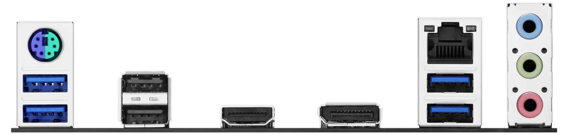 Nahaufnahme einer Reihe von Anschlüssen auf der Rückseite eines Computer-Motherboards, einschließlich USB-, Ethernet- und Audiobuchsen.