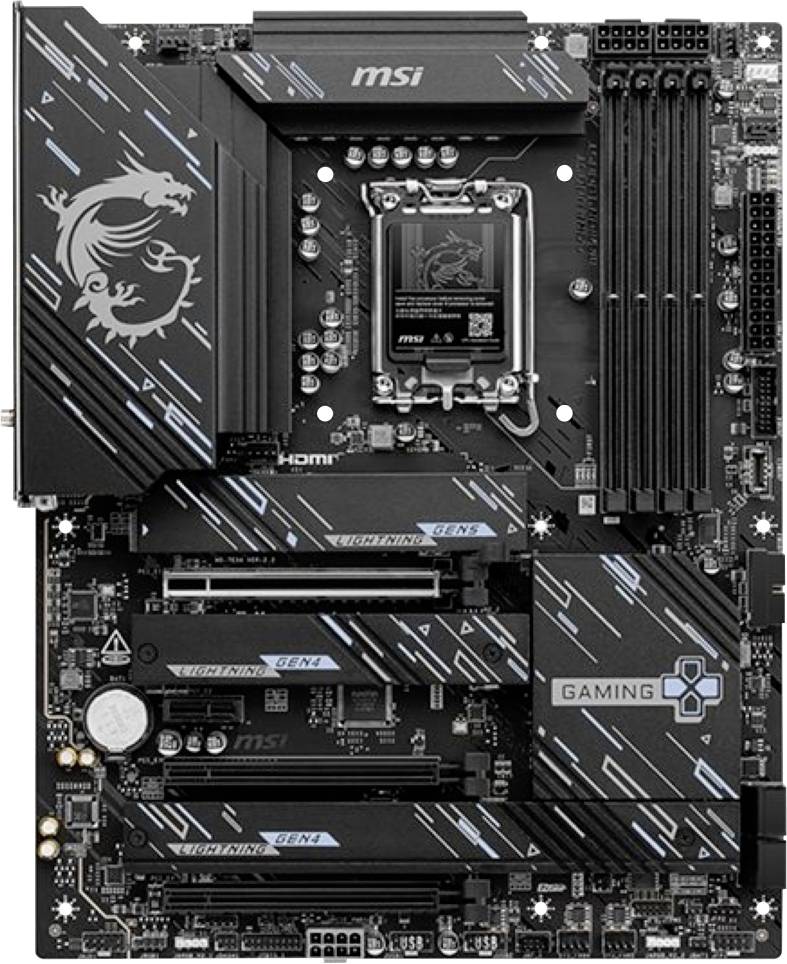 MSI Gaming-Motherboard mit Intel-CPU-Sockel, vier RAM-Steckplätze, mehreren PCIe-Steckplätzen und "GAMING"-Branding.
