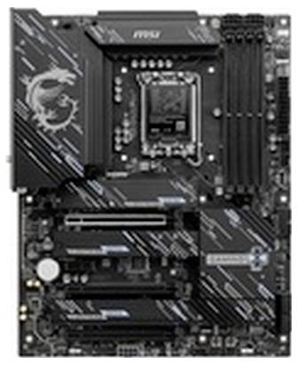 Schwarzes MSI-Motherboard mit AMD-CPU-Sockel, vier RAM-Steckplätzen, mehreren PCIe-Steckplätzen und M.2-Kühlkörper.