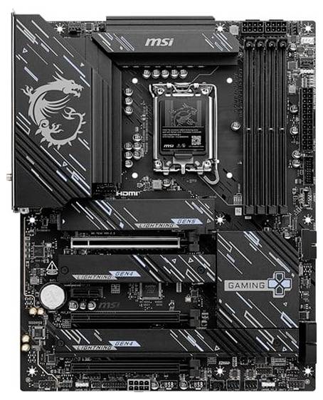 MSI Gaming-Motherboard mit AMD-CPU-Sockel, vier RAM-Steckplätzen, mehreren PCIe- und M.2-Erweiterungssteckplätzen und „Gaming"-Branding.