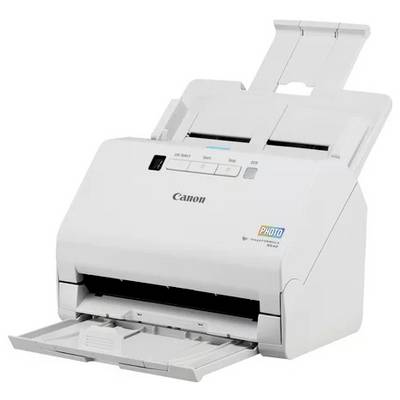 Weißer Canon-Desktop-Dokumentscanner mit offener Zuführungsablage und Ausgabeschacht, gezeigt vor neutralem Hintergrund.