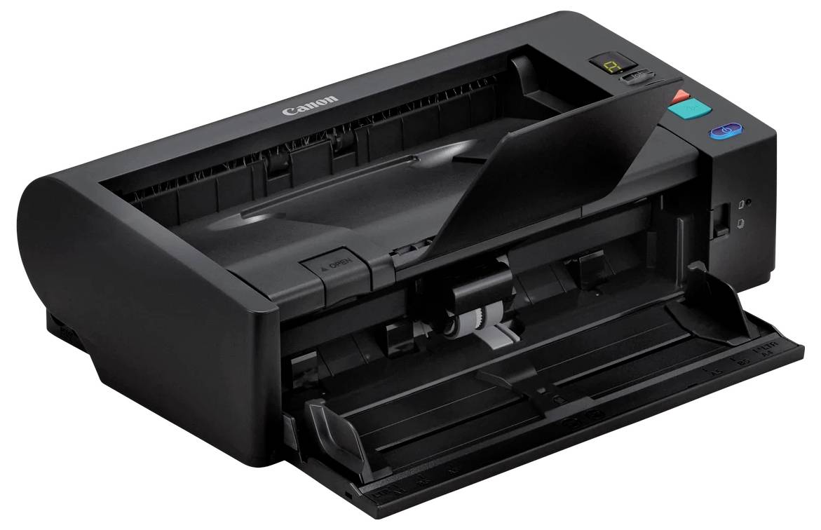 Schwarzer Canon-Desktopfotodrucker mit geöffnetem vorderen Papierfach und sichtbarem Ausgabeschlitz.